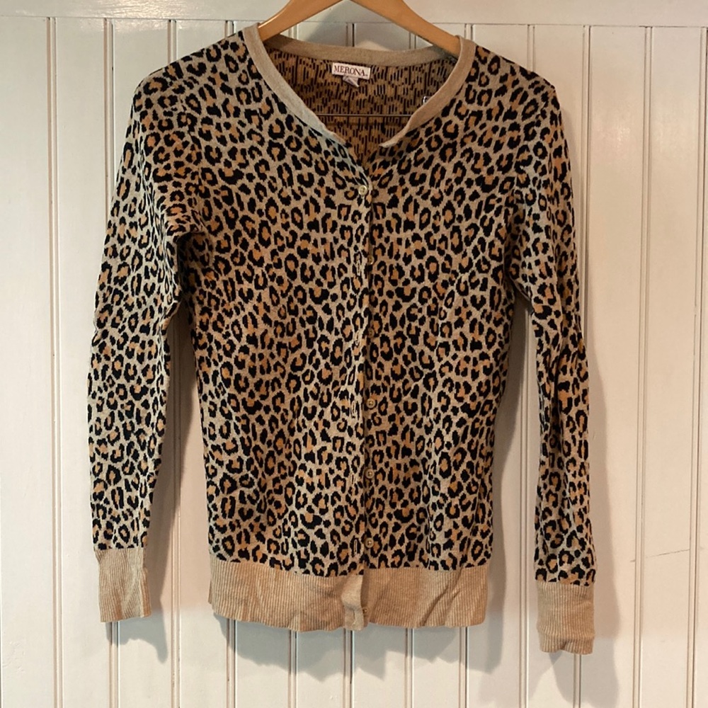 Cotton Leopard Print knit button front cardigan - size xs sweater cheetah
